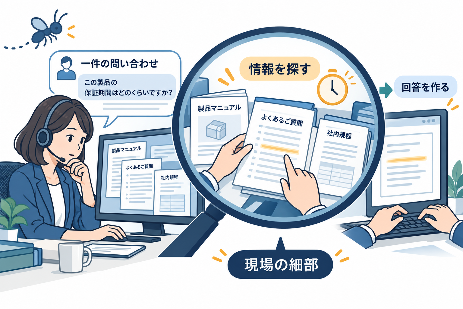 虫の目の具体例:一件の問い合わせに対し、資料から情報を探して回答を作る作業を詳しく見る